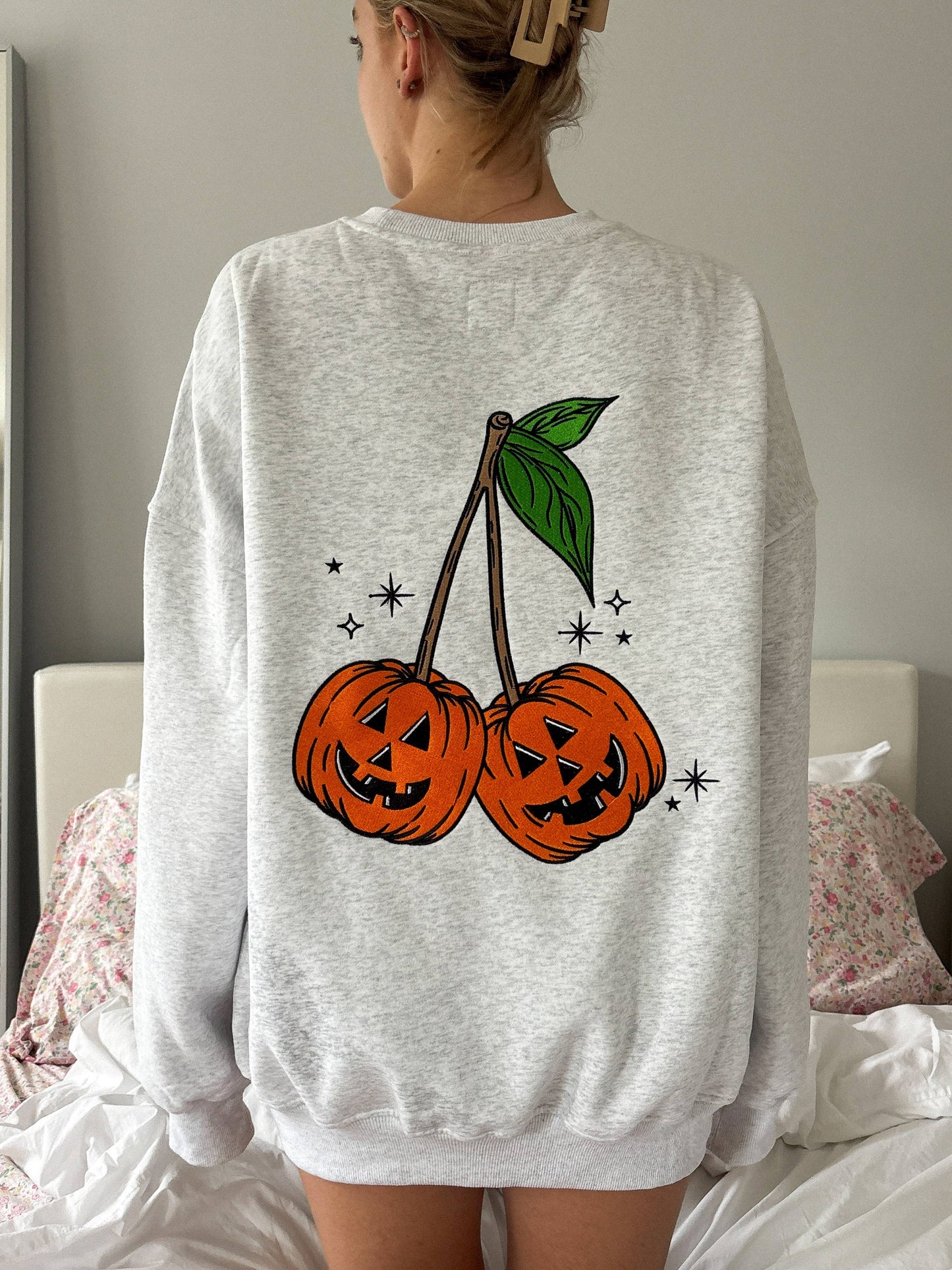 Pumpkin Cherries Fall Autumn Embroider Sweatshirt - Pearl Grey