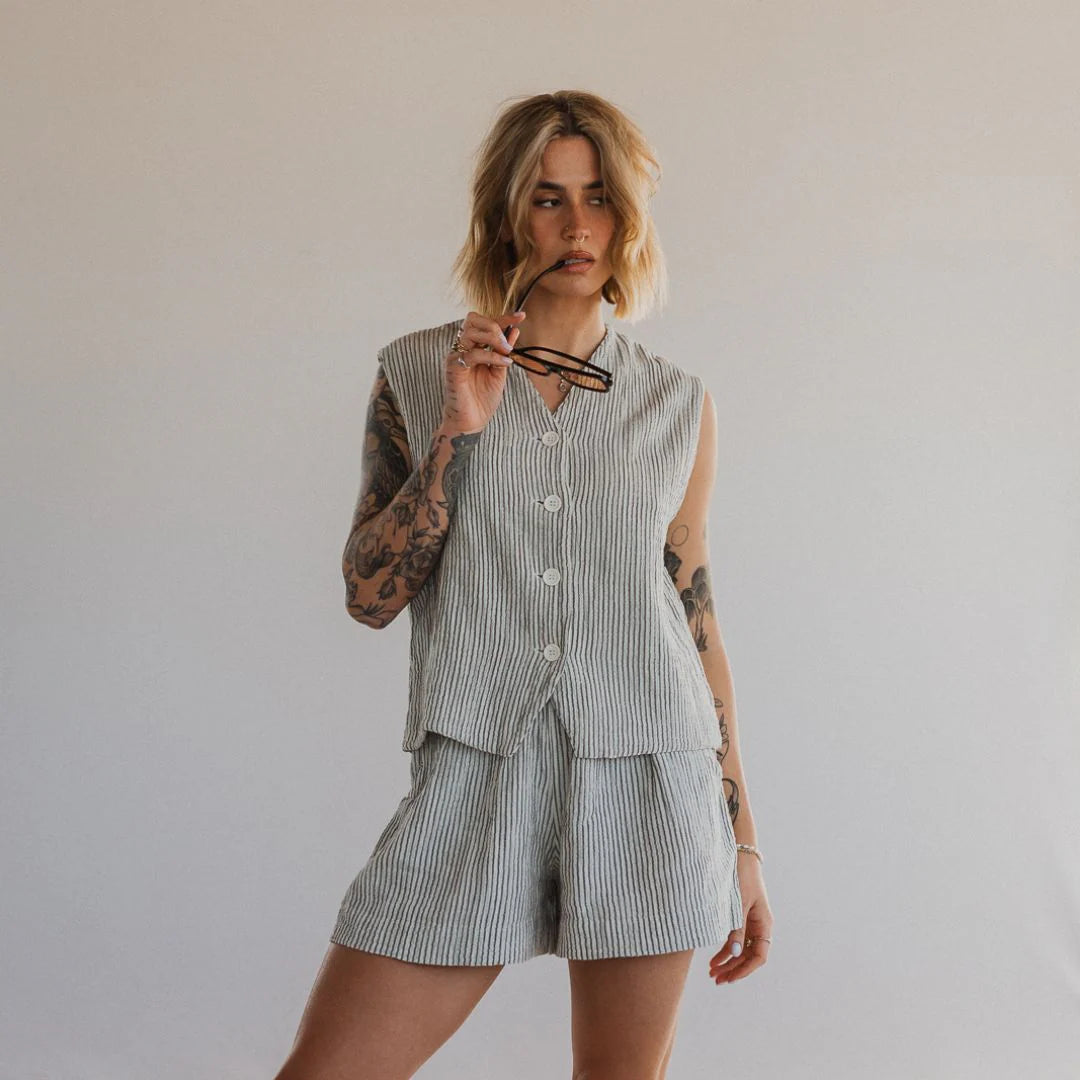 Striped Crinkle Cotton Waistcoat - One-Sized