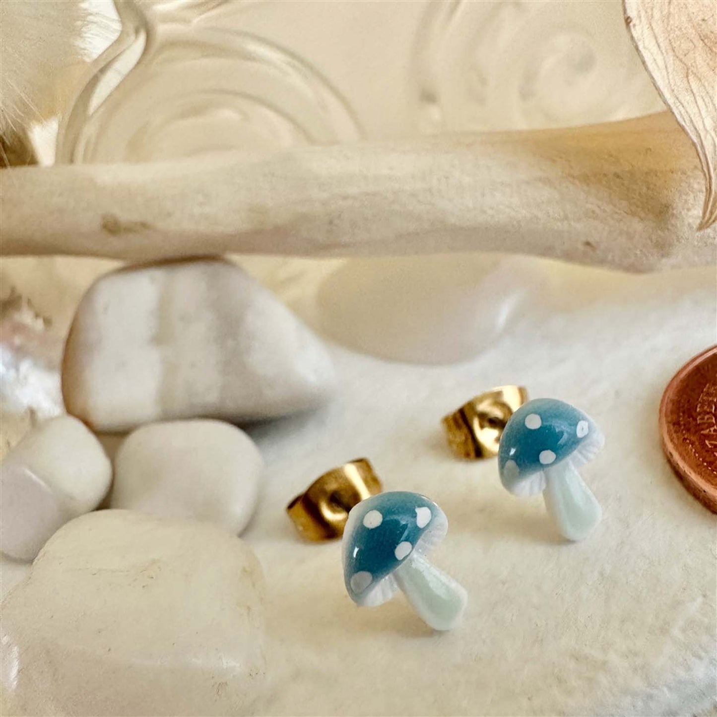 Agaric - Porcelain Mushroom Stud Earrings in Blue