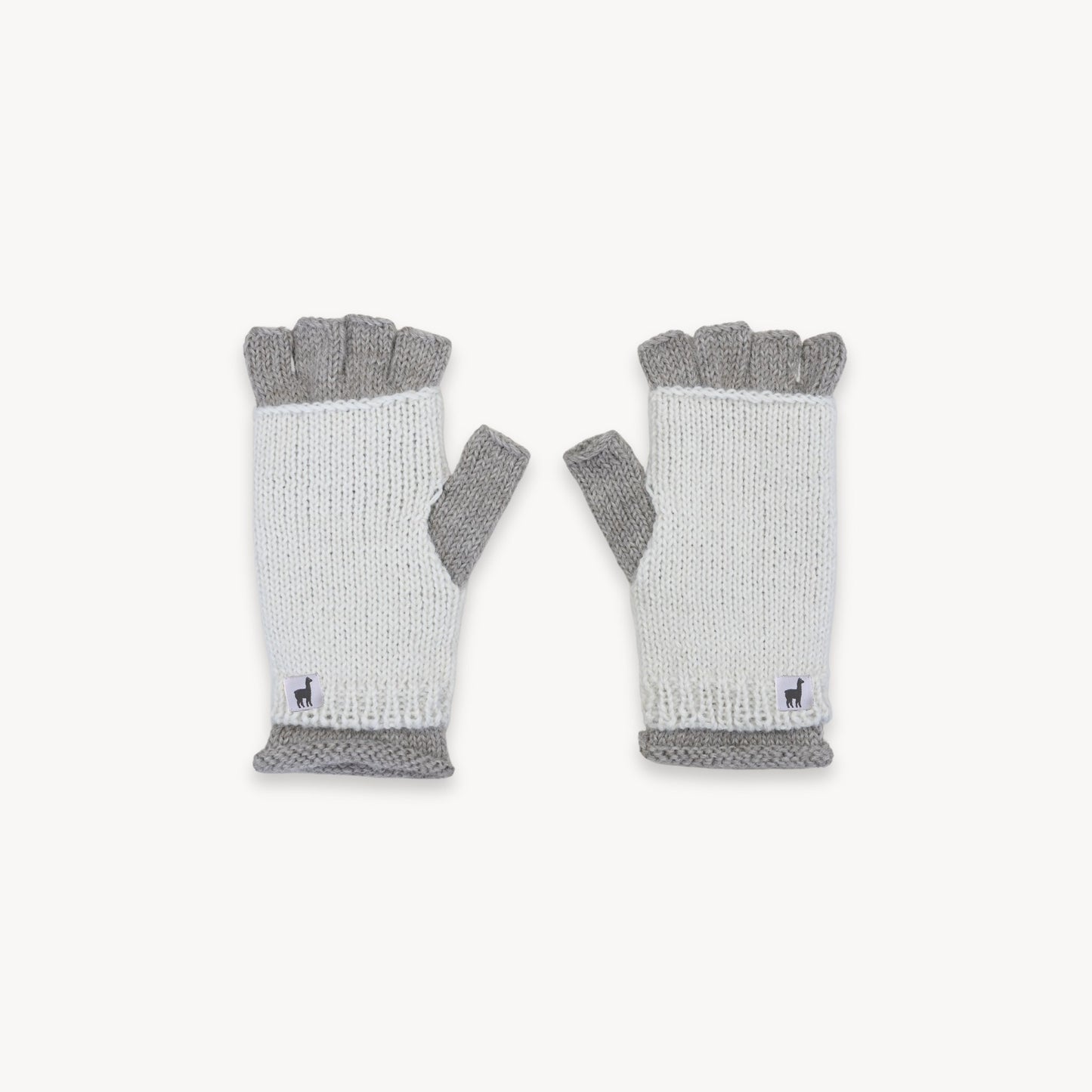 Alpaca Double Layered Fingerless Gloves - Beige / White