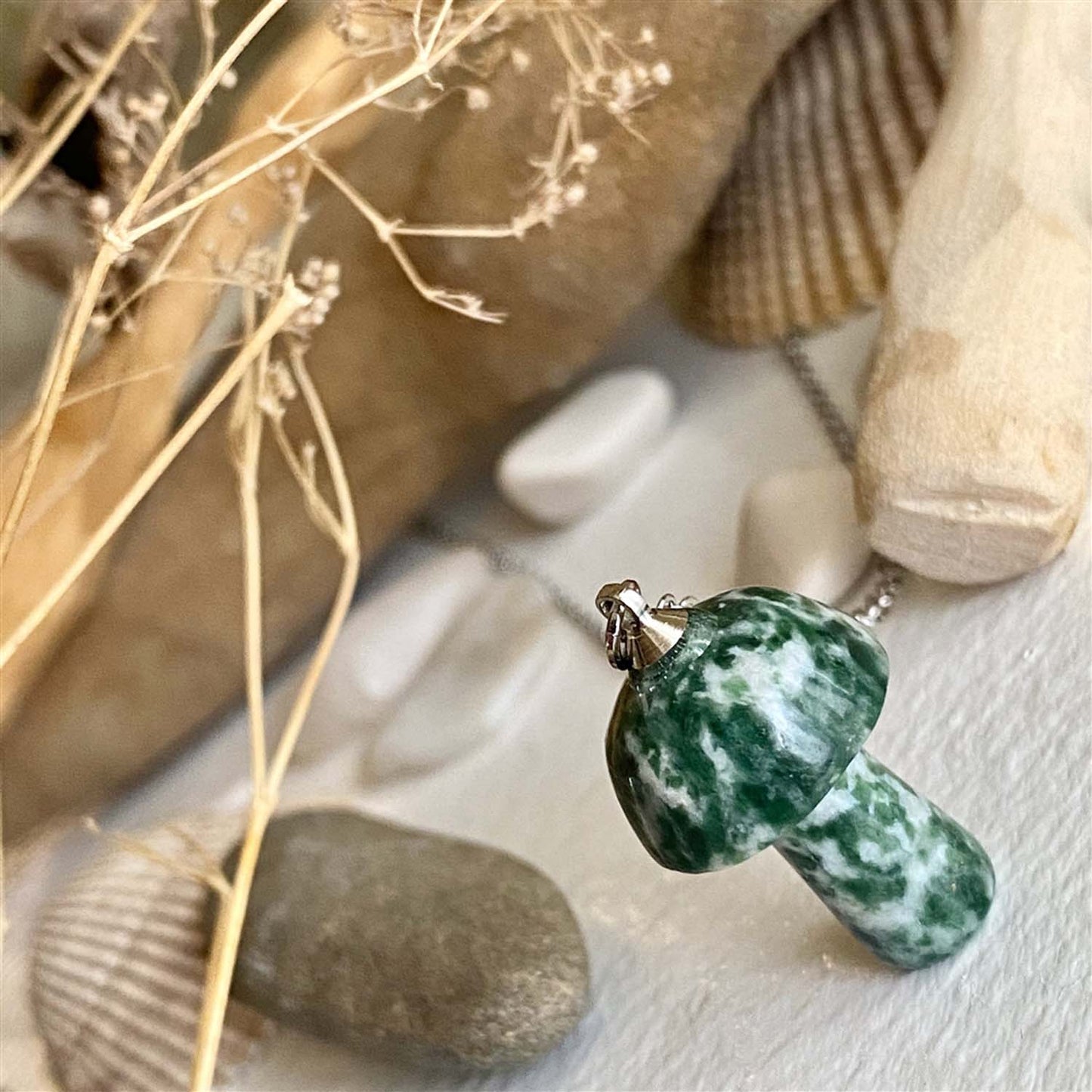 Bolete Stone Mushroom Pendant Necklace in Moss Jasper