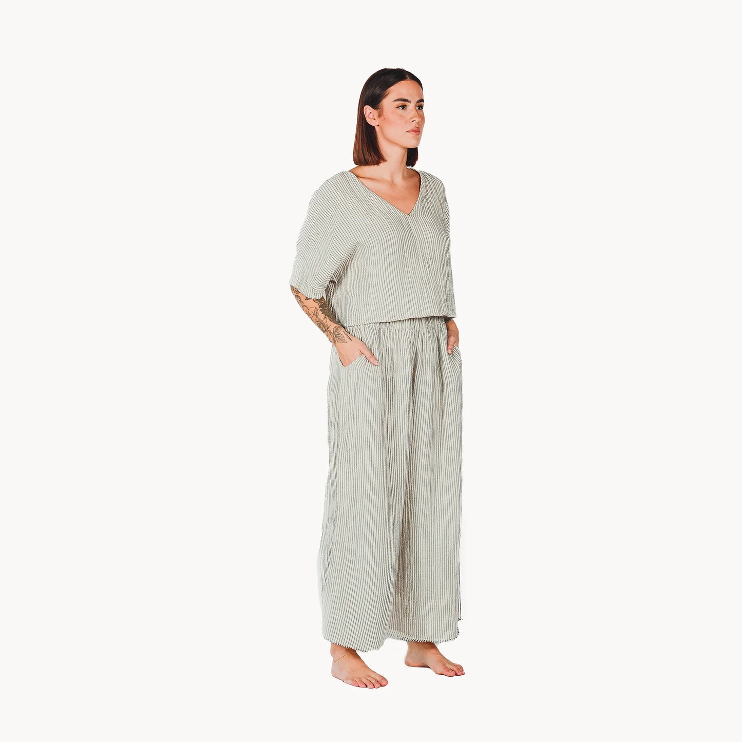Crinkle Cotton Palazzo Pants - Striped