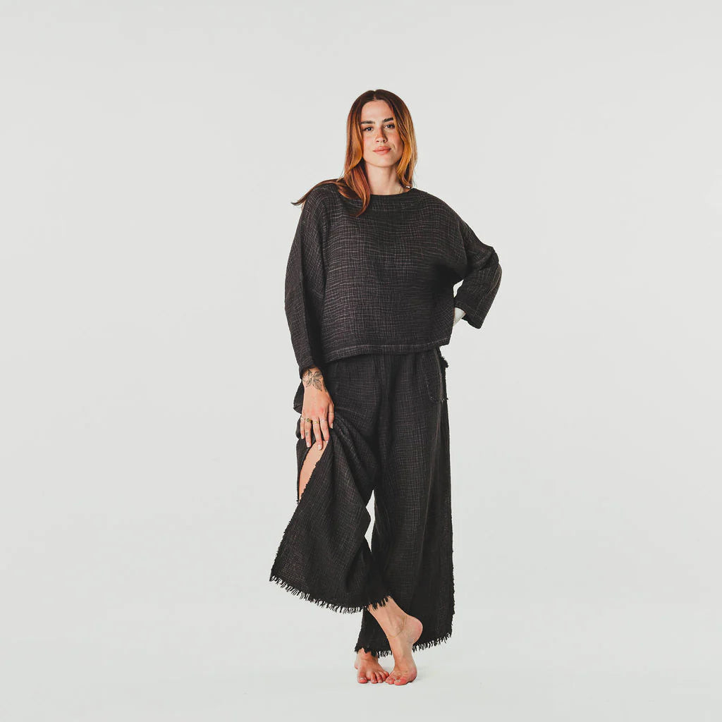Crinkle Long Sleeve Boat Top - One-Sized - Black
