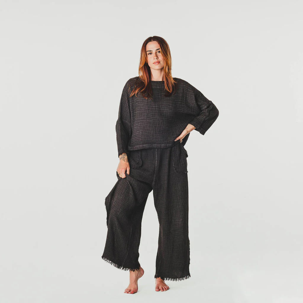 Crinkle Long Sleeve Boat Top - One-Sized - Black
