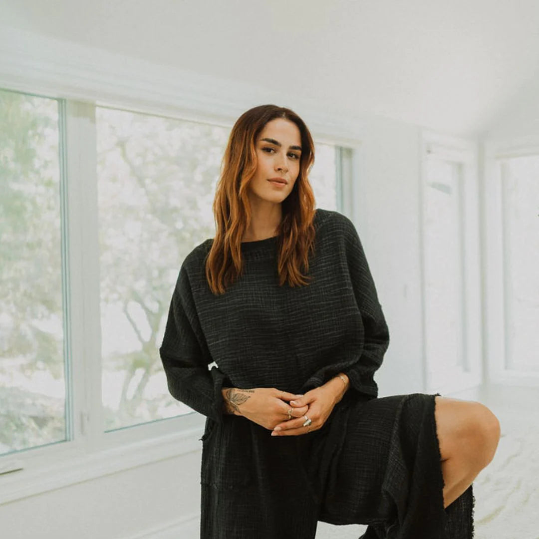 Crinkle Long Sleeve Boat Top - One-Sized - Black