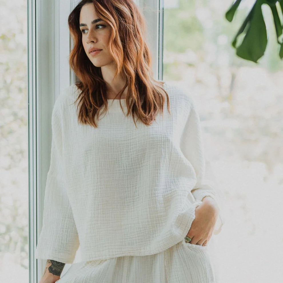 Crinkle Long Sleeve Boat Top - One-Sized - Cream