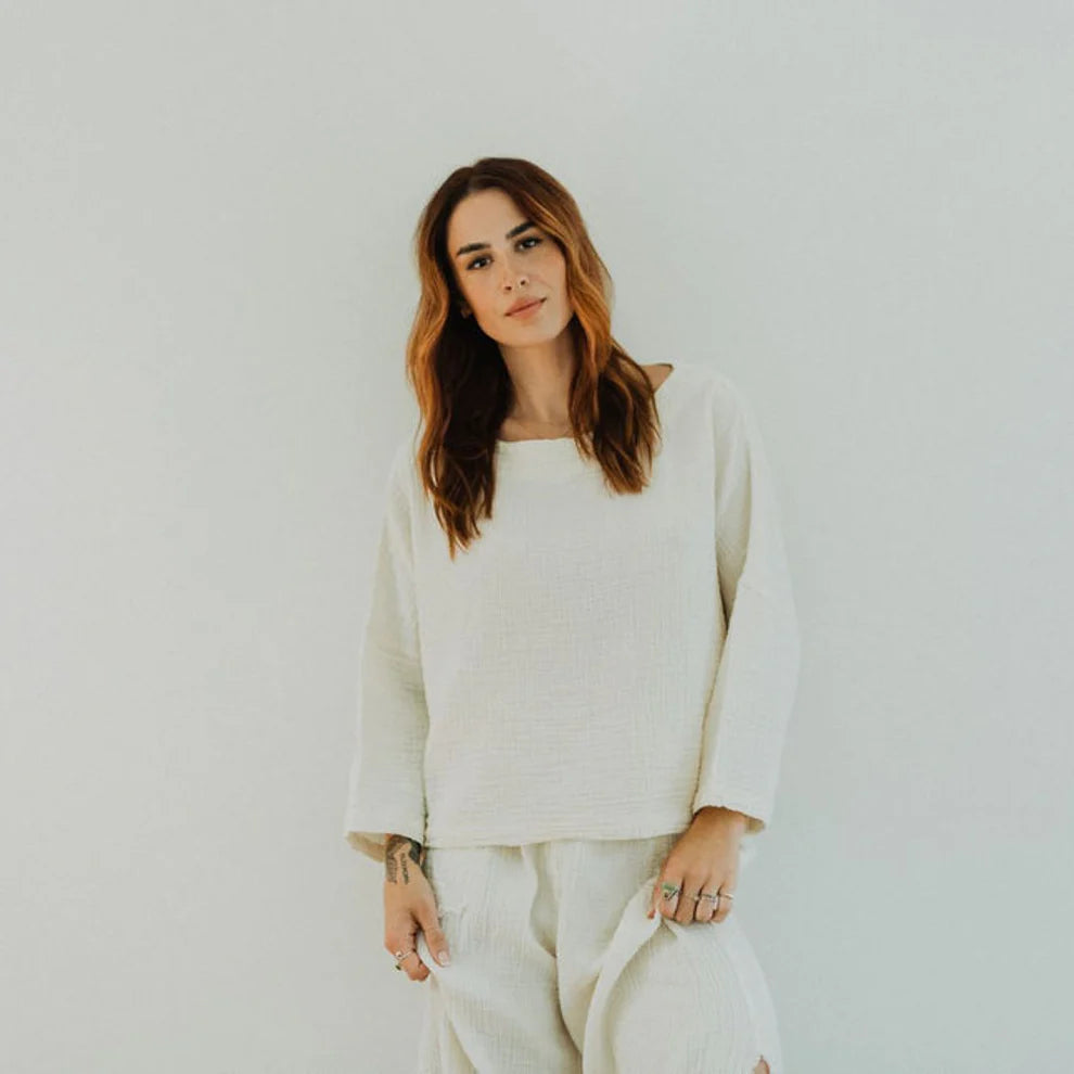 Crinkle Long Sleeve Boat Top - One-Sized - Cream