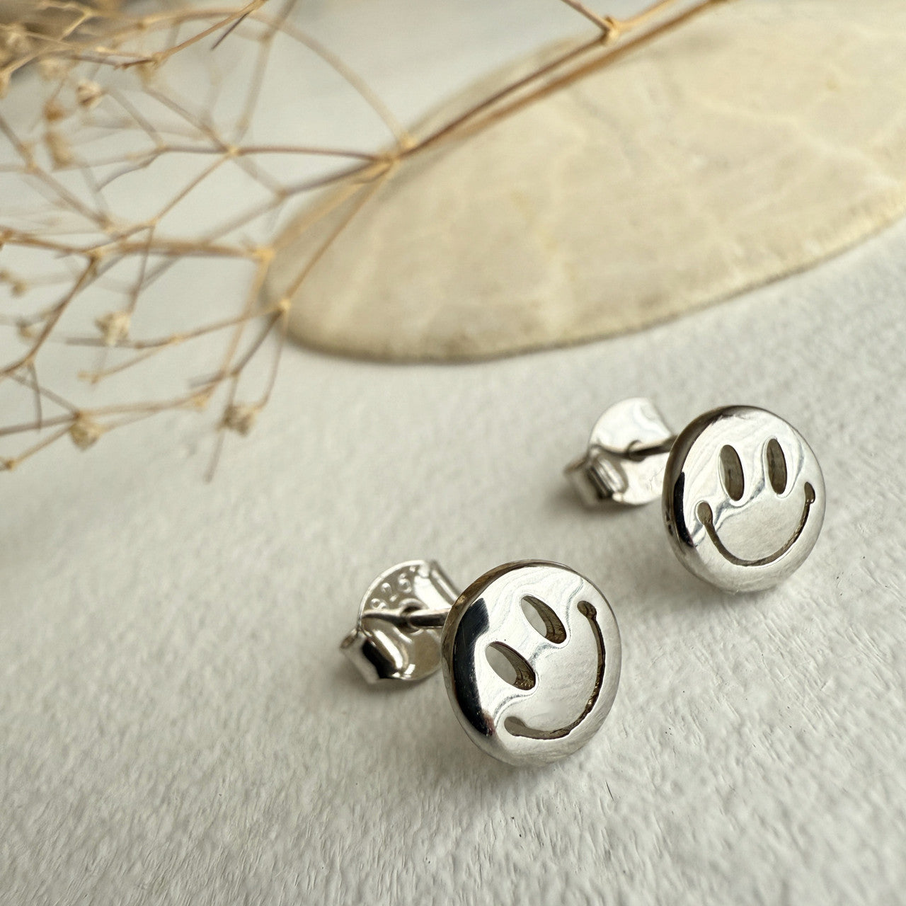Don't Worry, Be Happy - Happy Face Stud Earrings - Silver
