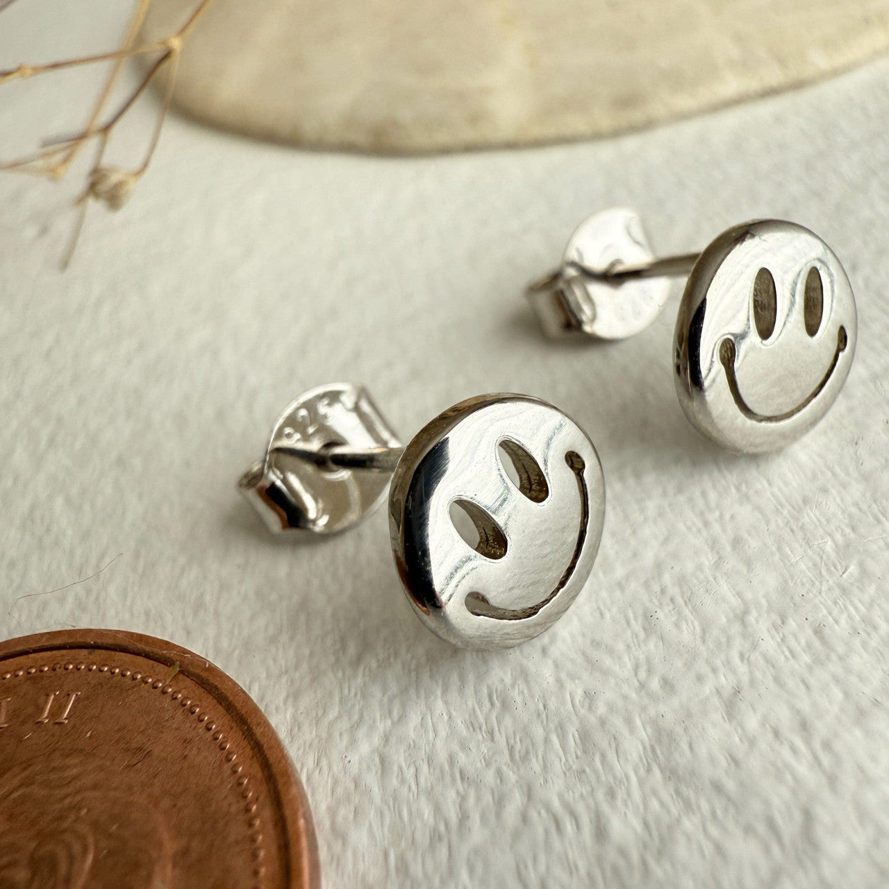 Don't Worry, Be Happy - Happy Face Stud Earrings - Silver