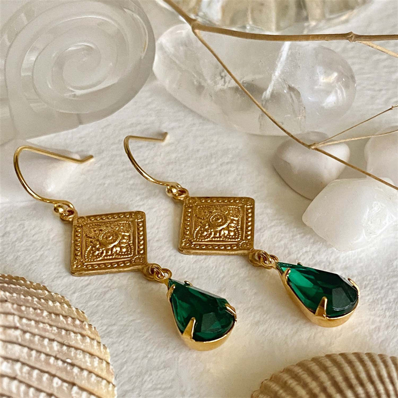 Nogales Emerald Brass Medallion Earrings with Emerald Green Drops