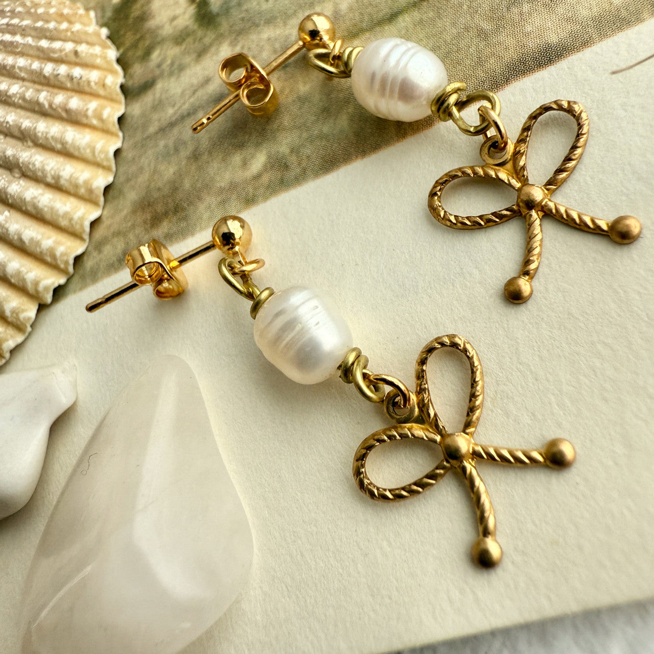 Fontange Raw Brass Bow and Pearl Drop Earrings