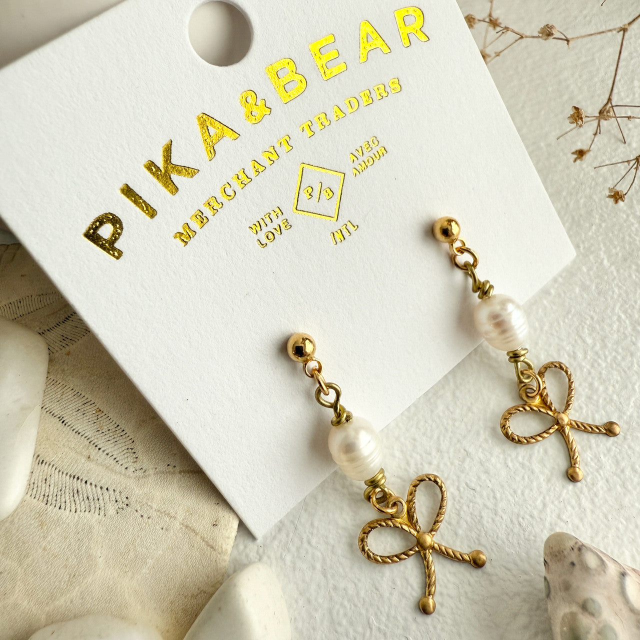 Fontange Raw Brass Bow and Pearl Drop Earrings