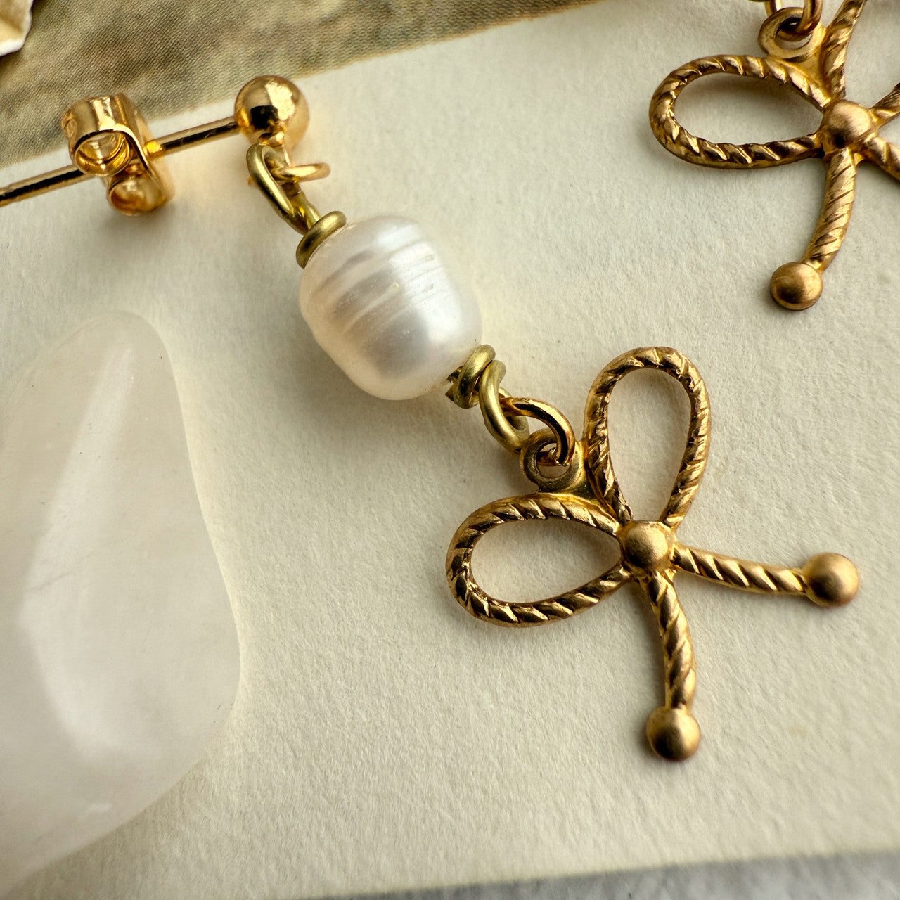 Fontange Raw Brass Bow and Pearl Drop Earrings