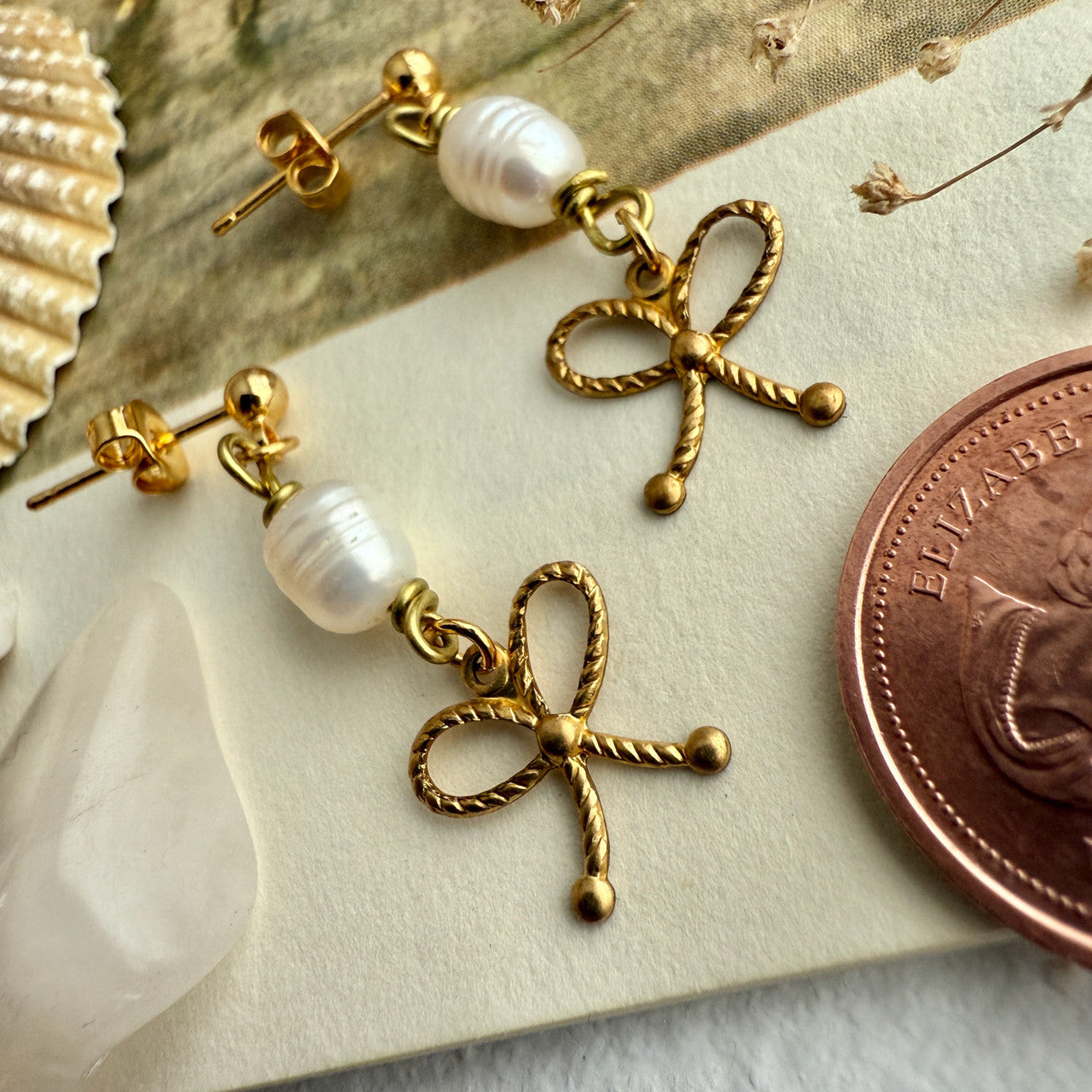Fontange Raw Brass Bow and Pearl Drop Earrings