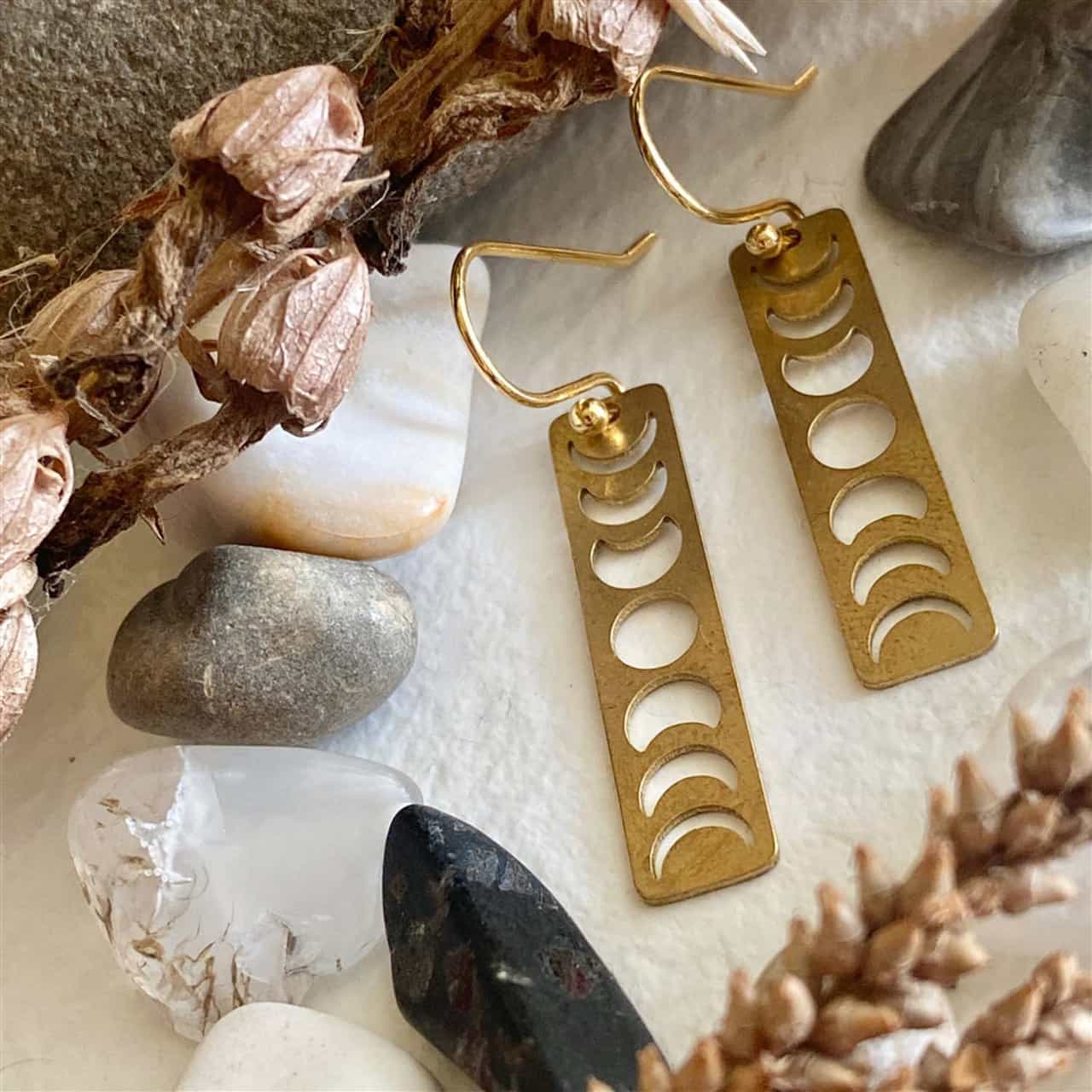 Gibbous Moon Phase Earrings in Raw Brass