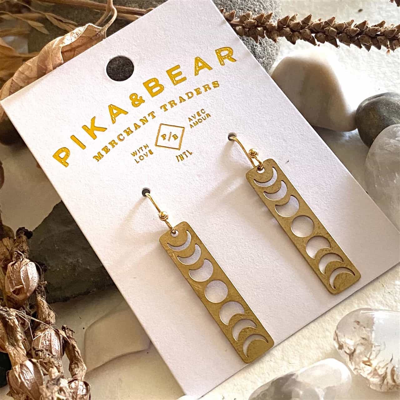 Gibbous Moon Phase Earrings in Raw Brass
