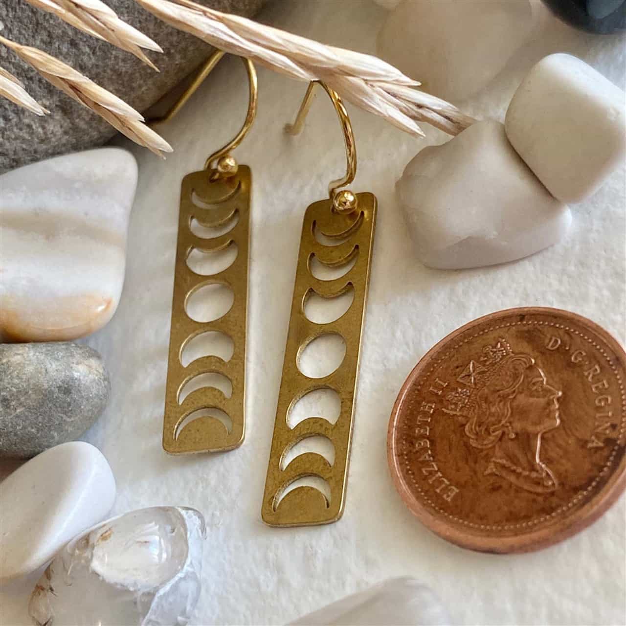 Gibbous Moon Phase Earrings in Raw Brass