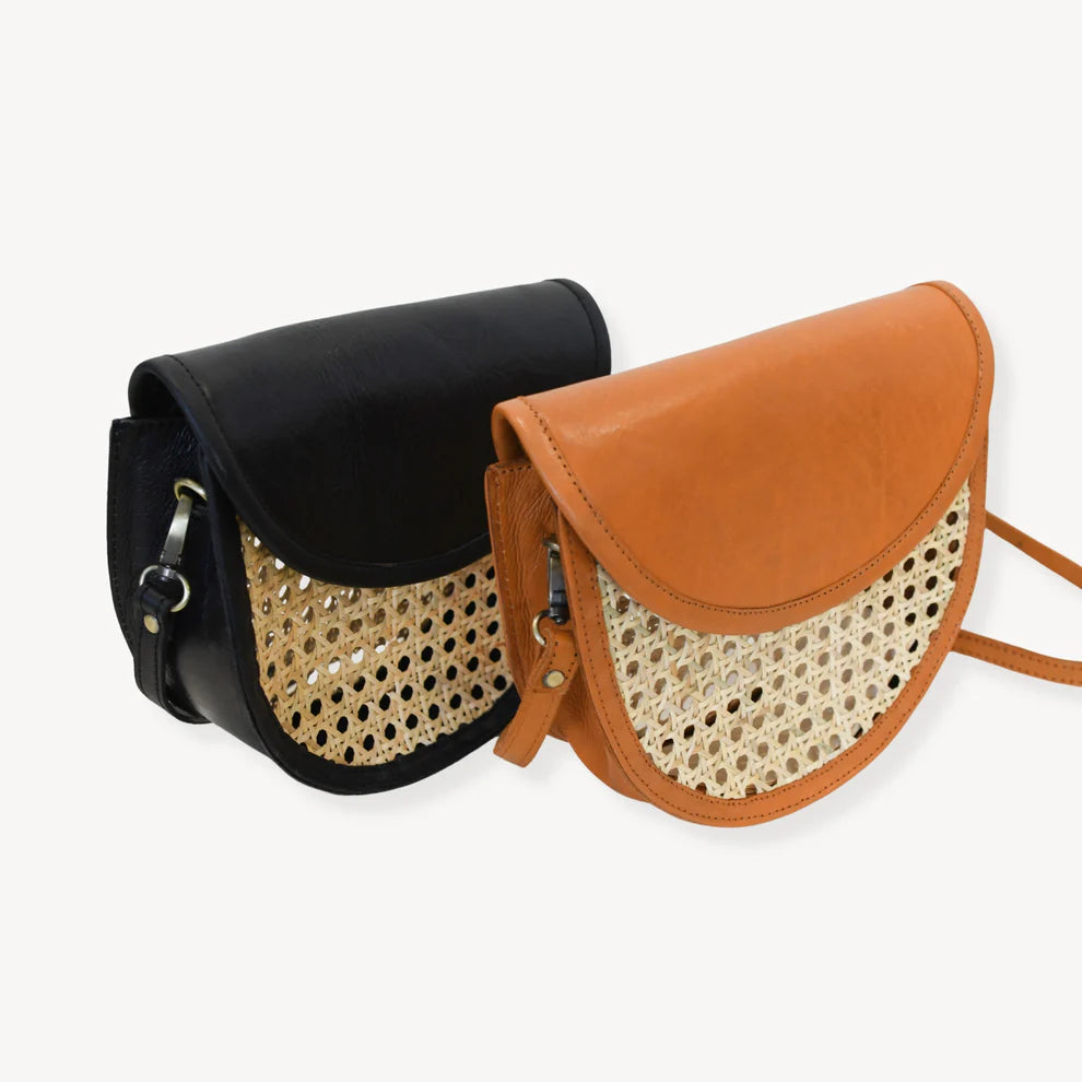 Half Moon Leather Bag with Cane Accent - Caramel