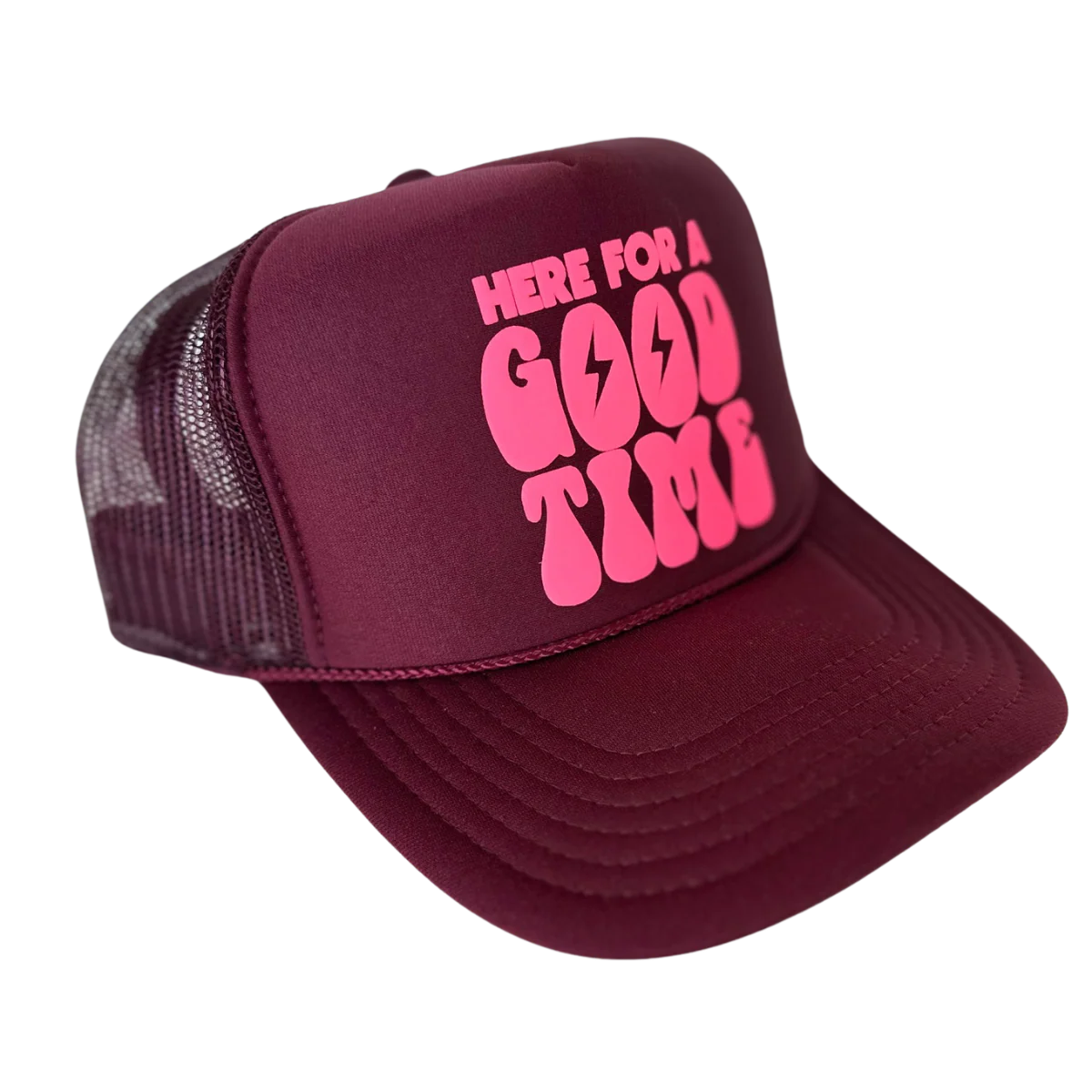 Here for a Good Time Trucker Hat - Maroon + Neon Pink