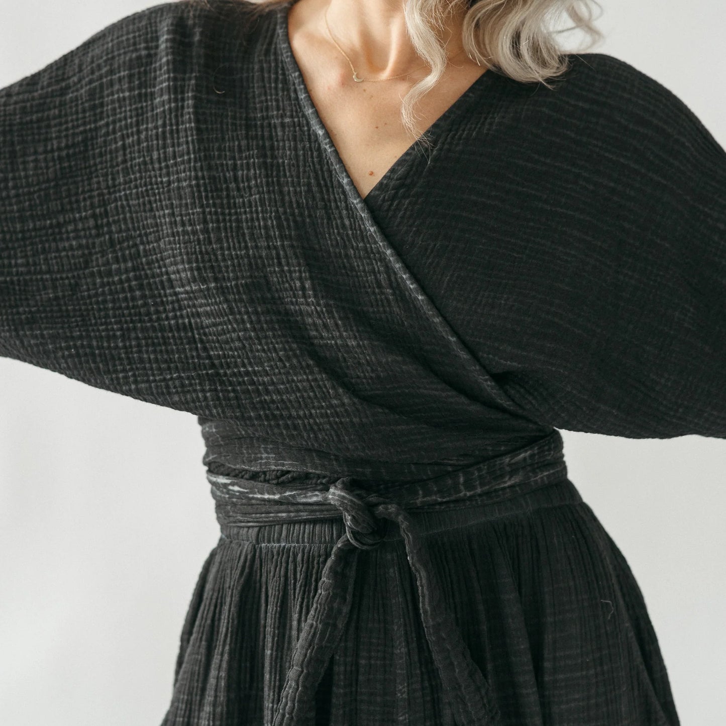 Crinkle Balloon Sleeve Top - One- Sized - Black