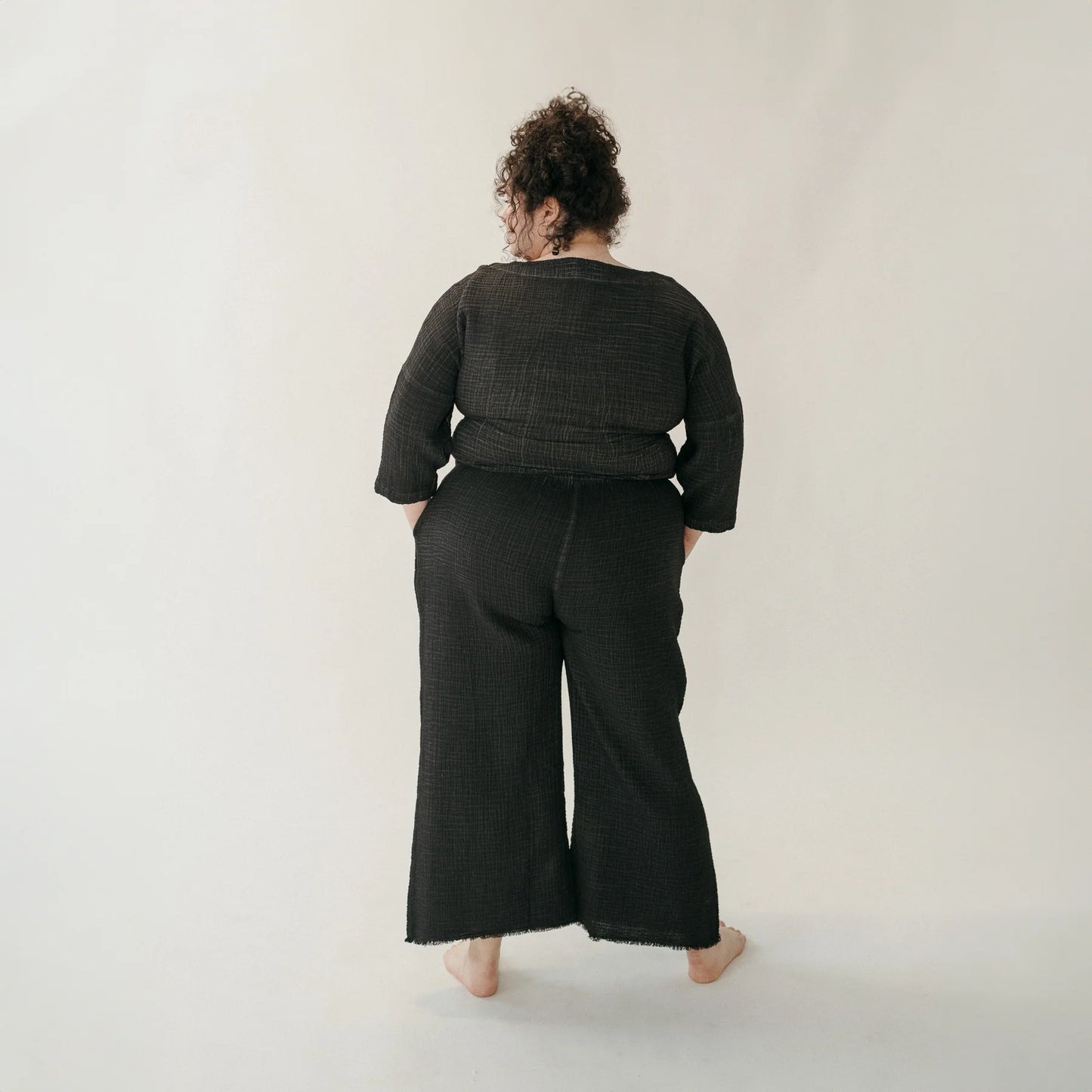 Crinkle Drawstring Palazzo Pants Plus - Black