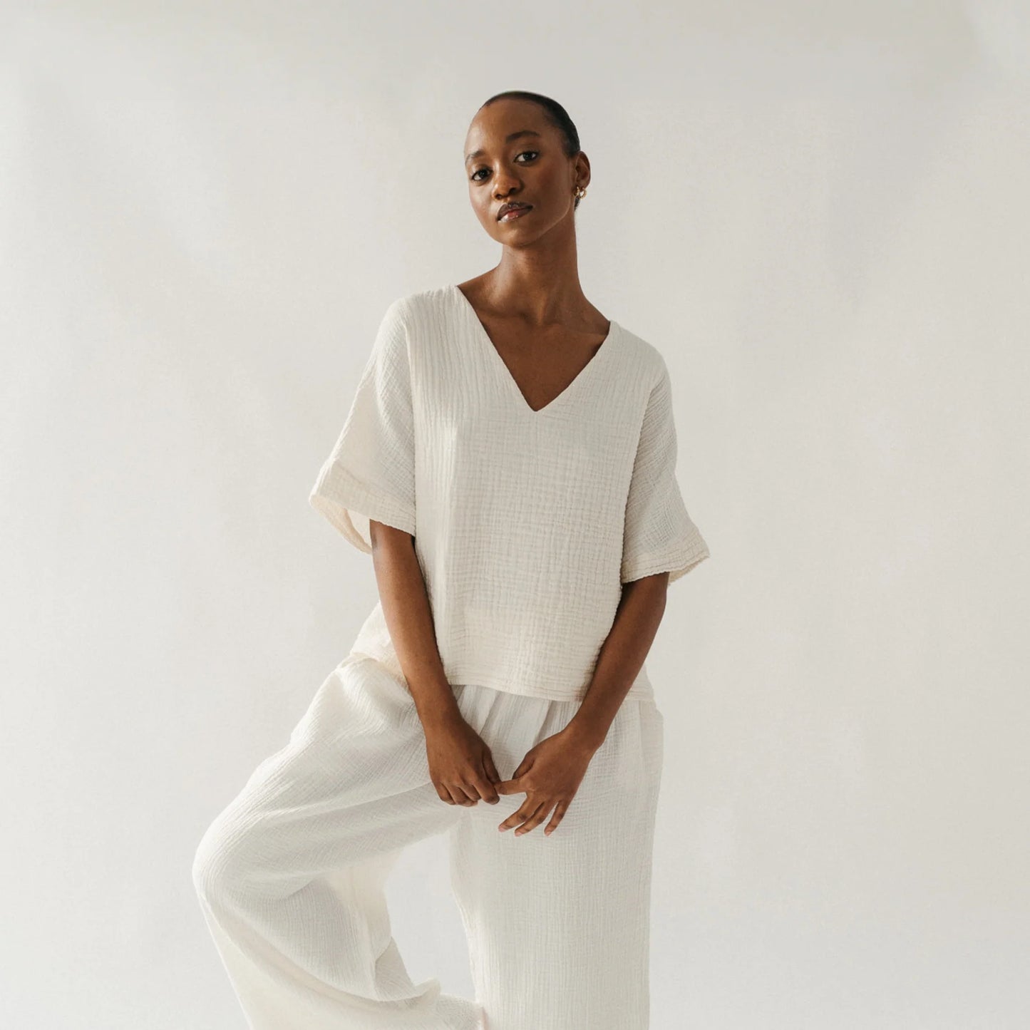 Crinkle V Neck Top - One-Sized - Cream