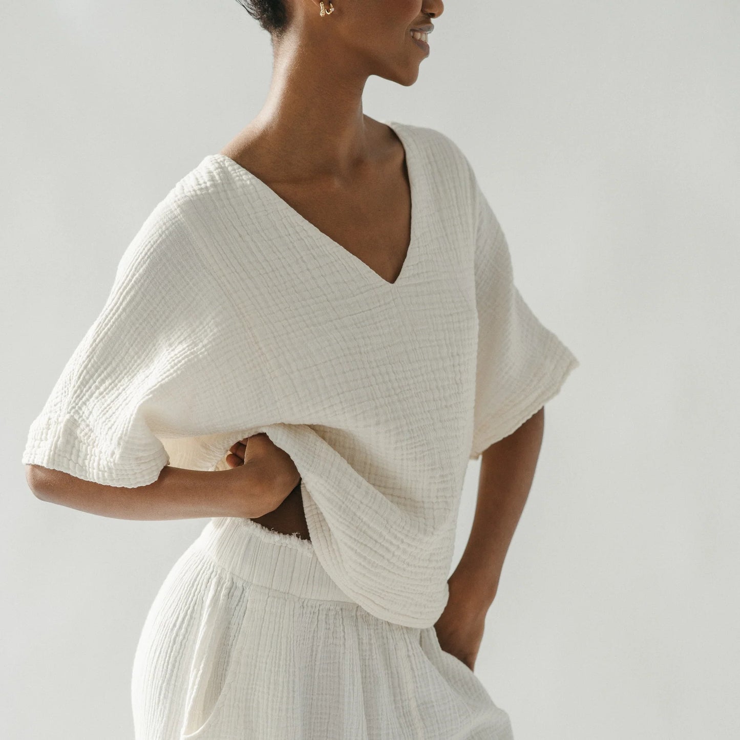 Crinkle V Neck Top - One-Sized - Cream