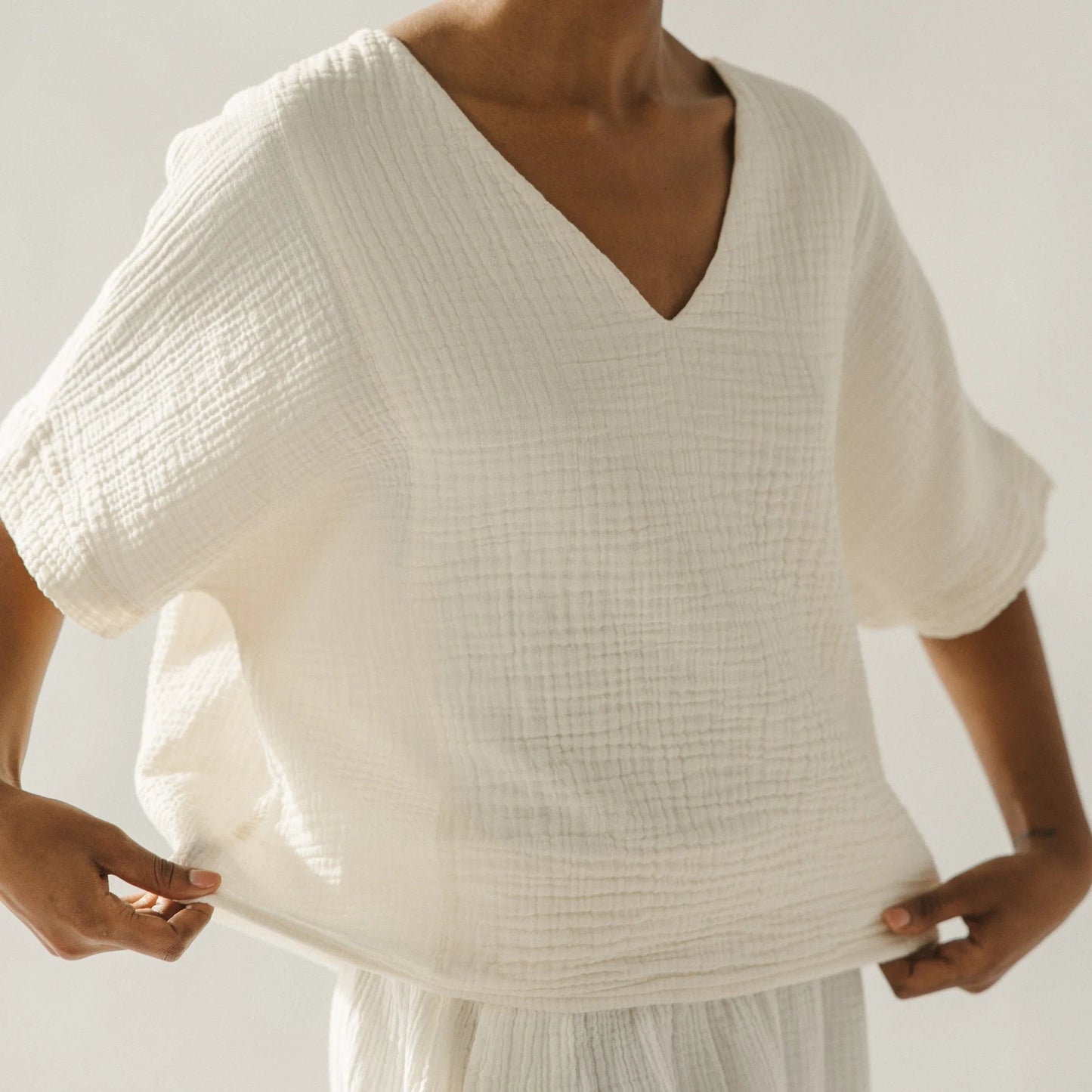 Crinkle V Neck Top - One-Sized - Cream