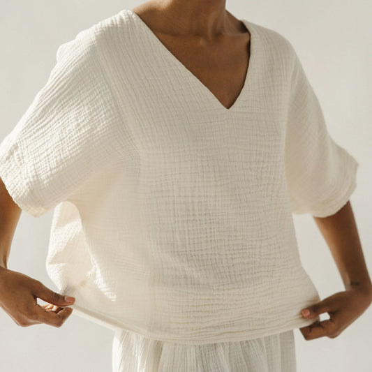 Crinkle V Neck Top - One-Sized - Cream