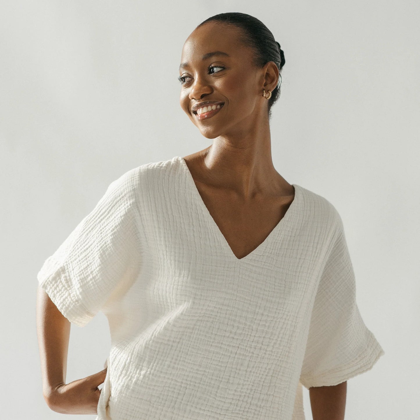 Crinkle V Neck Top - One-Sized - Cream