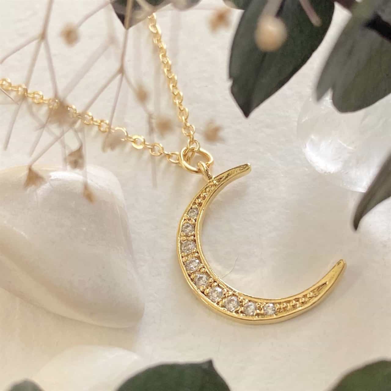 La Lune Rhinestone Moon Charm Necklace in Gold