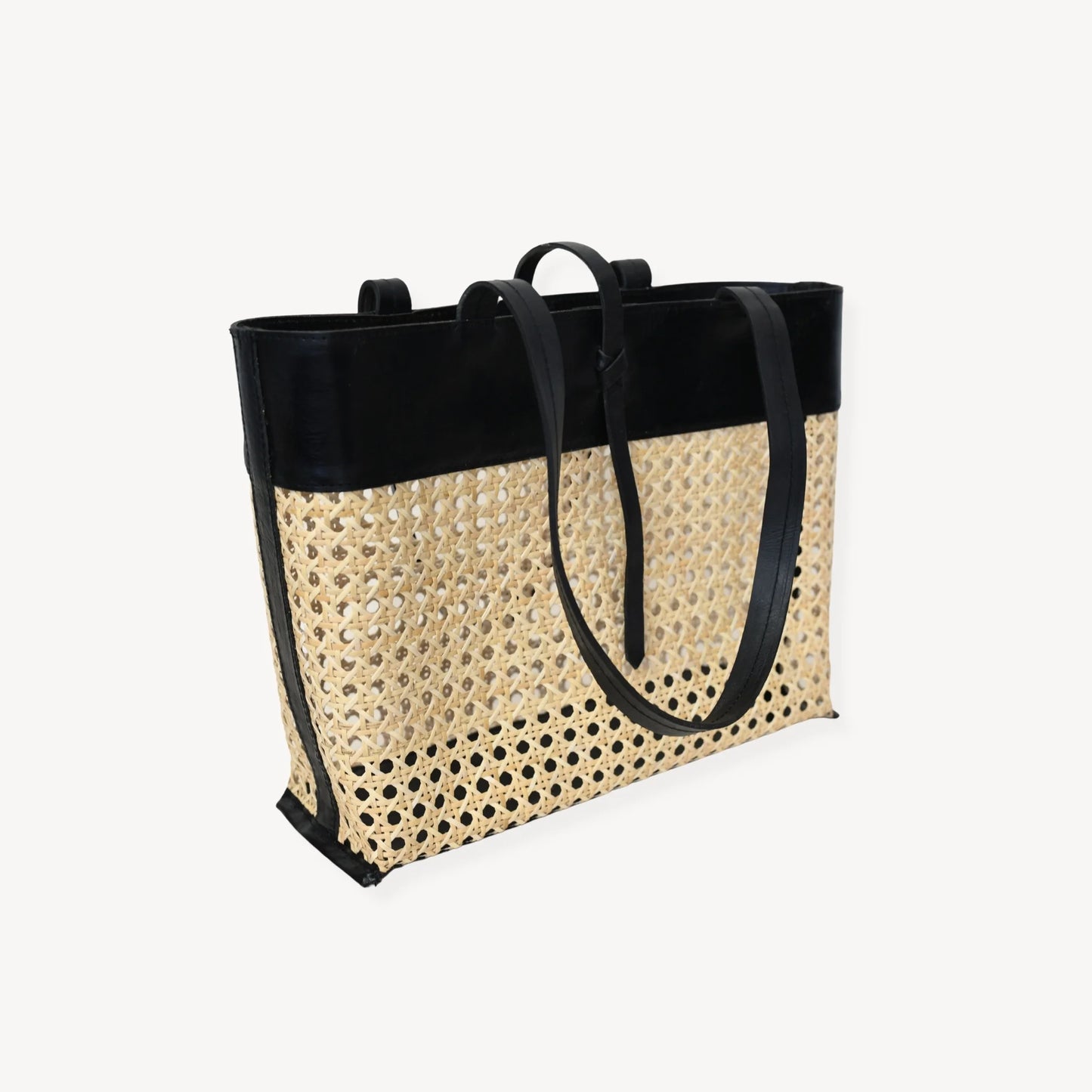 Leather Bag with Cane Accent Tote - Black