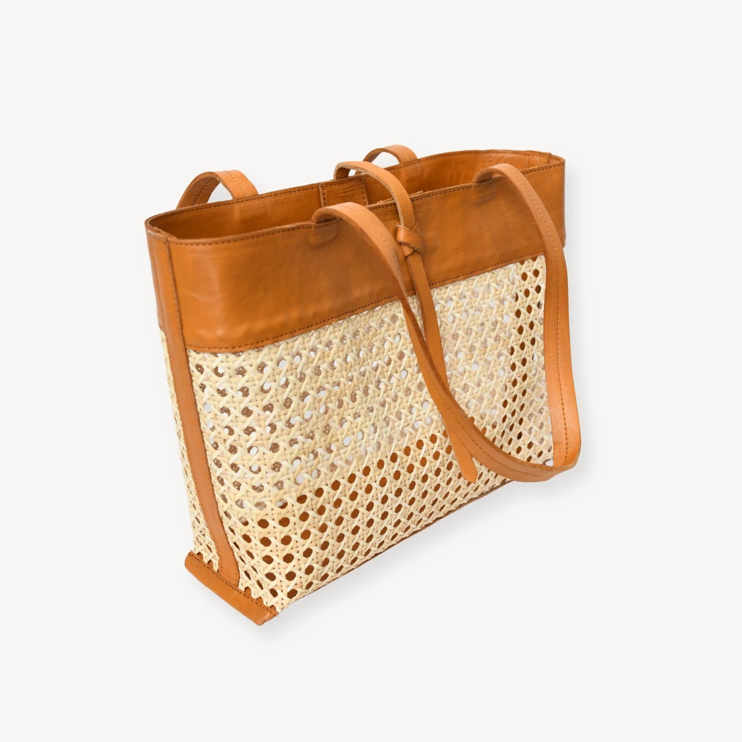 Leather Bag with Cane Accent Tote - Caramel