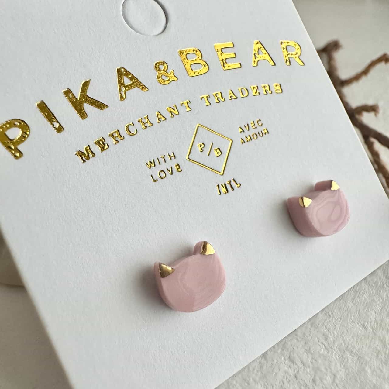 Mew Porcelain Cat Face Stud Earrings in Pink