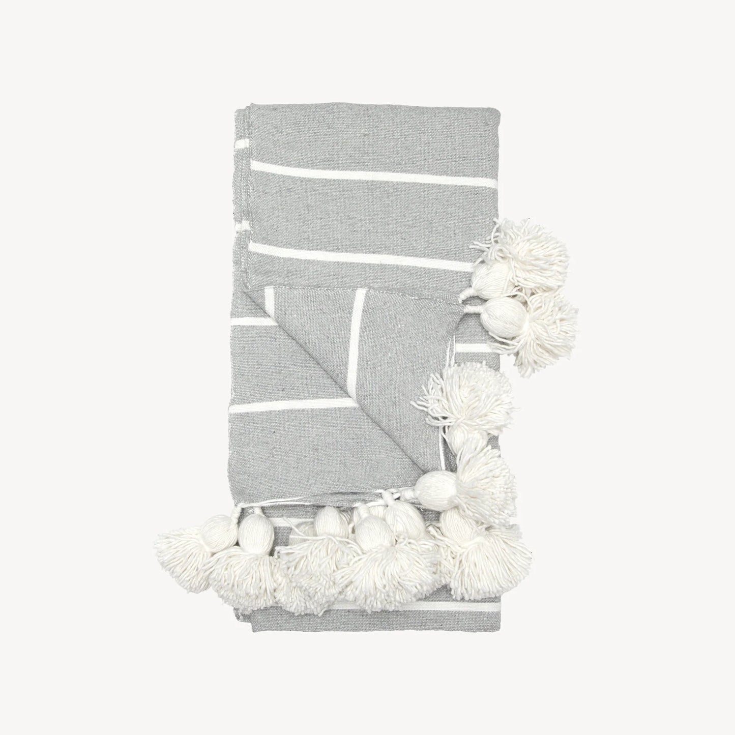 Monochrome Striped Moroccan Pom Pom Blanket - Inverse Light Grey
