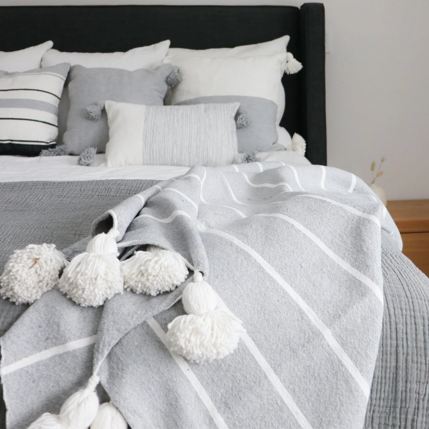 Monochrome Striped Moroccan Pom Pom Blanket - Inverse Light Grey