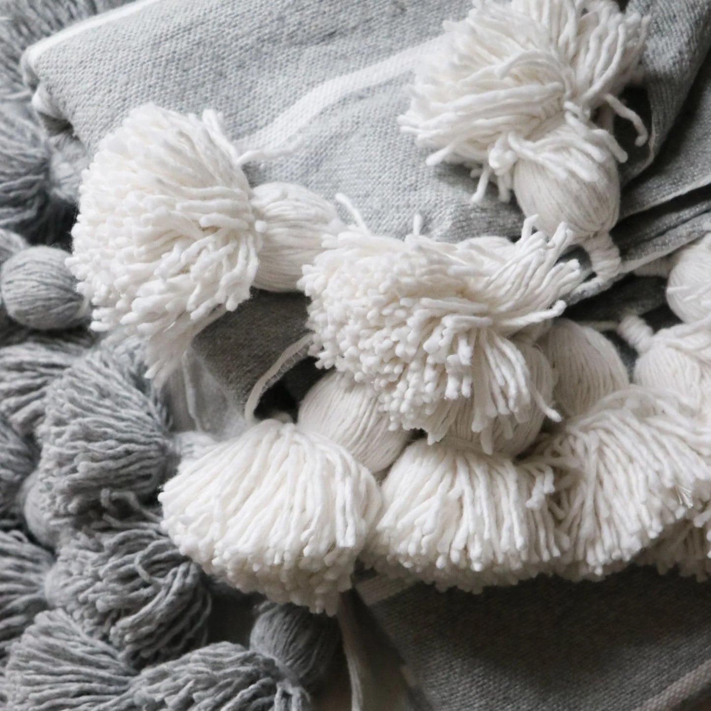 Monochrome Striped Moroccan Pom Pom Blanket - Inverse Light Grey