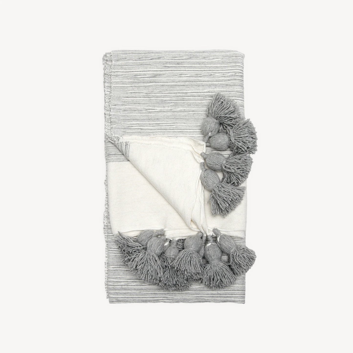 Monochrome Striped Moroccan Pom Pom Blanket - Mixed Light Grey