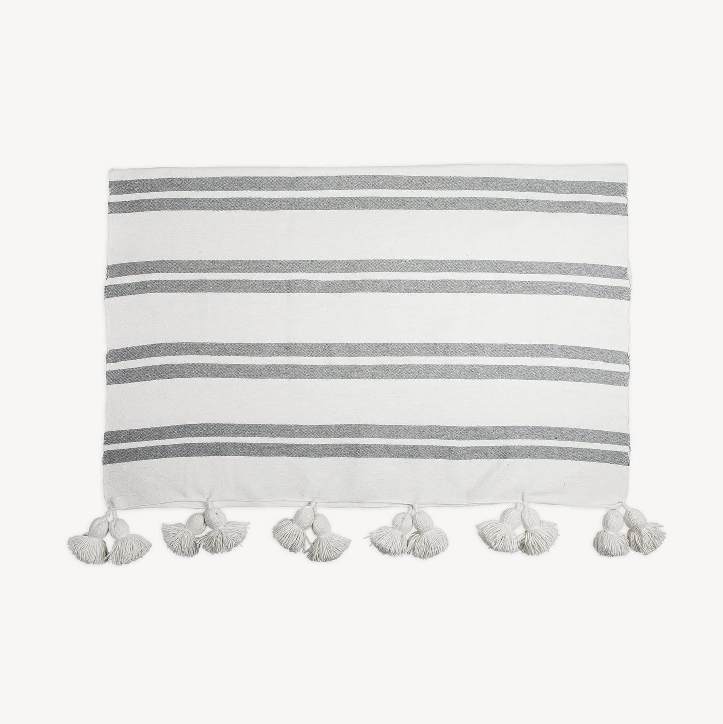 Monochrome Striped Moroccan Pom Pom Blanket - Racer White