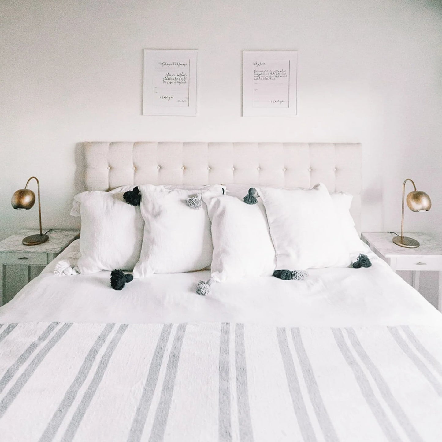 Monochrome Striped Moroccan Pom Pom Blanket - Racer White