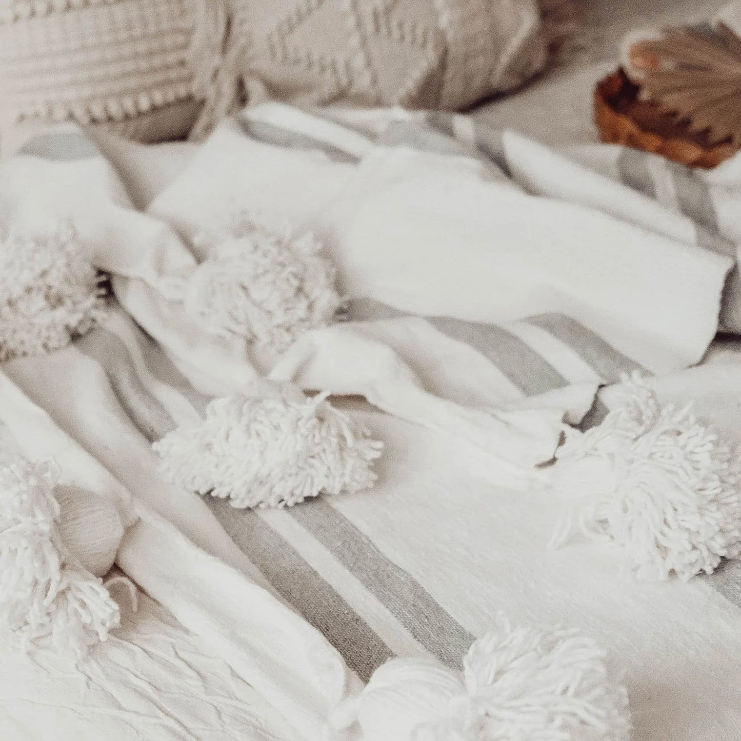 Monochrome Striped Moroccan Pom Pom Blanket - Racer White