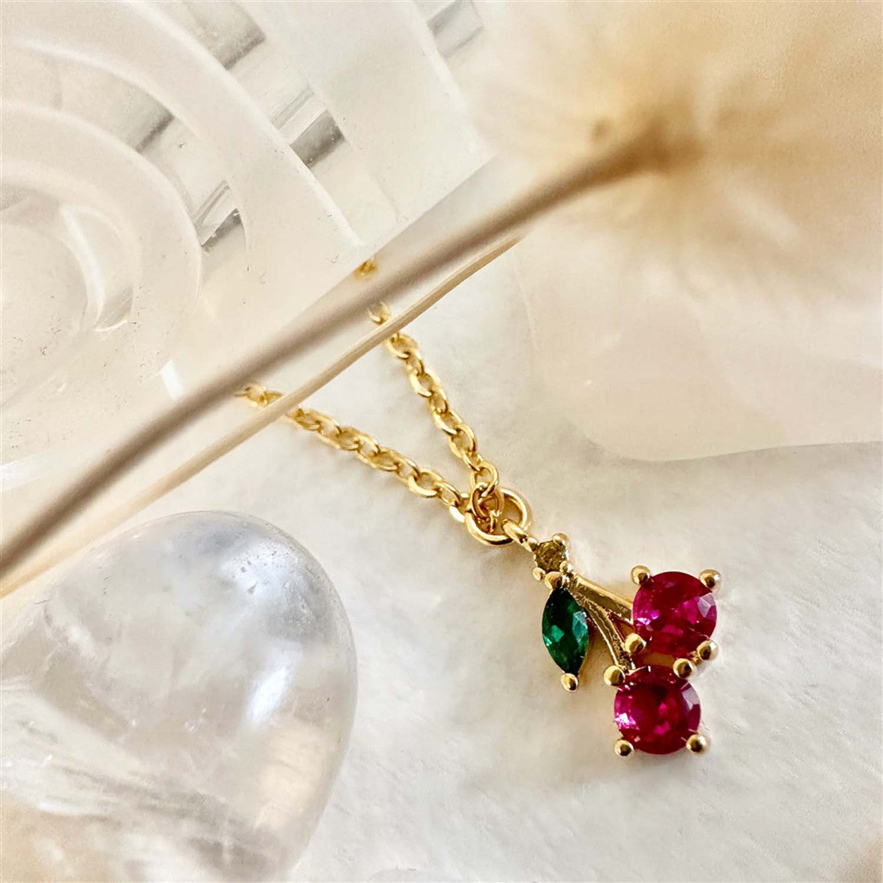 Pomona Tiny Rhinestone Cherry Charm Necklace