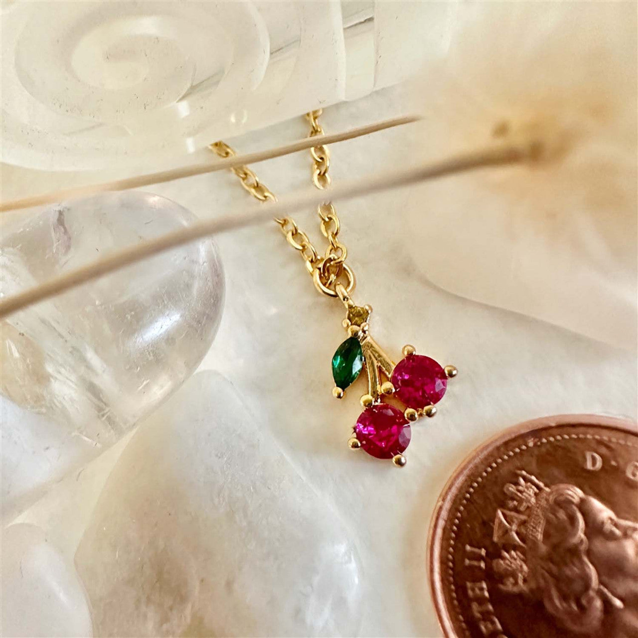 Pomona Tiny Rhinestone Cherry Charm Necklace