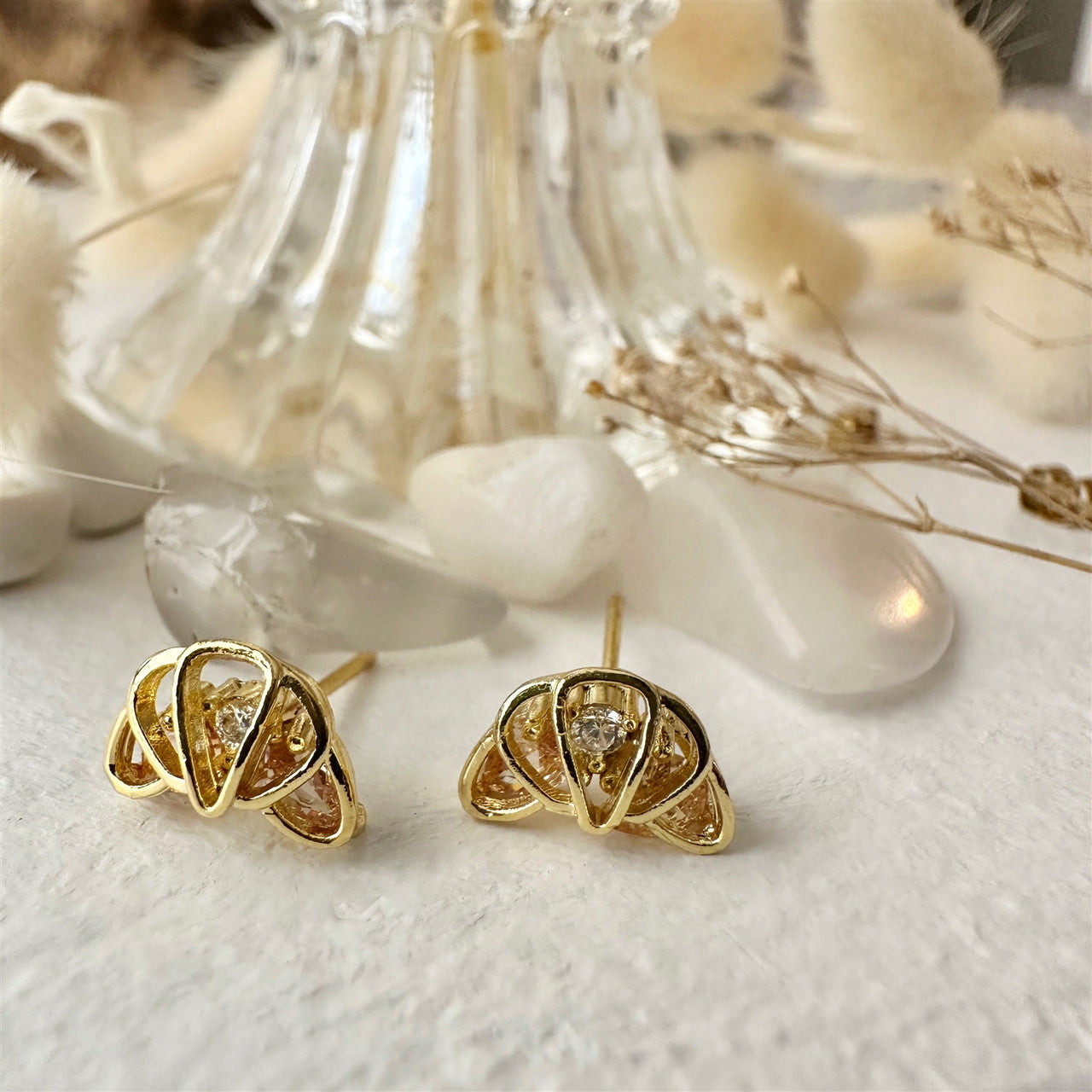 Quaso Croissant Rhinestone Stud Earrings with Sterling Silver Posts in Gold