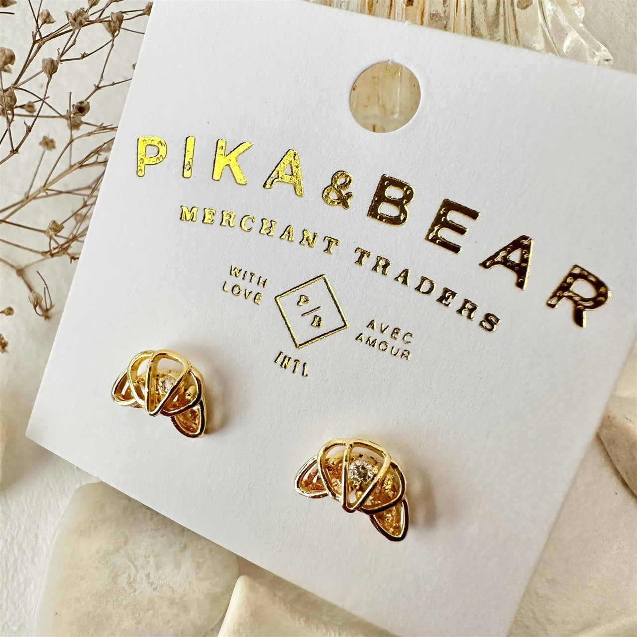 Quaso Croissant Rhinestone Stud Earrings with Sterling Silver Posts in Gold