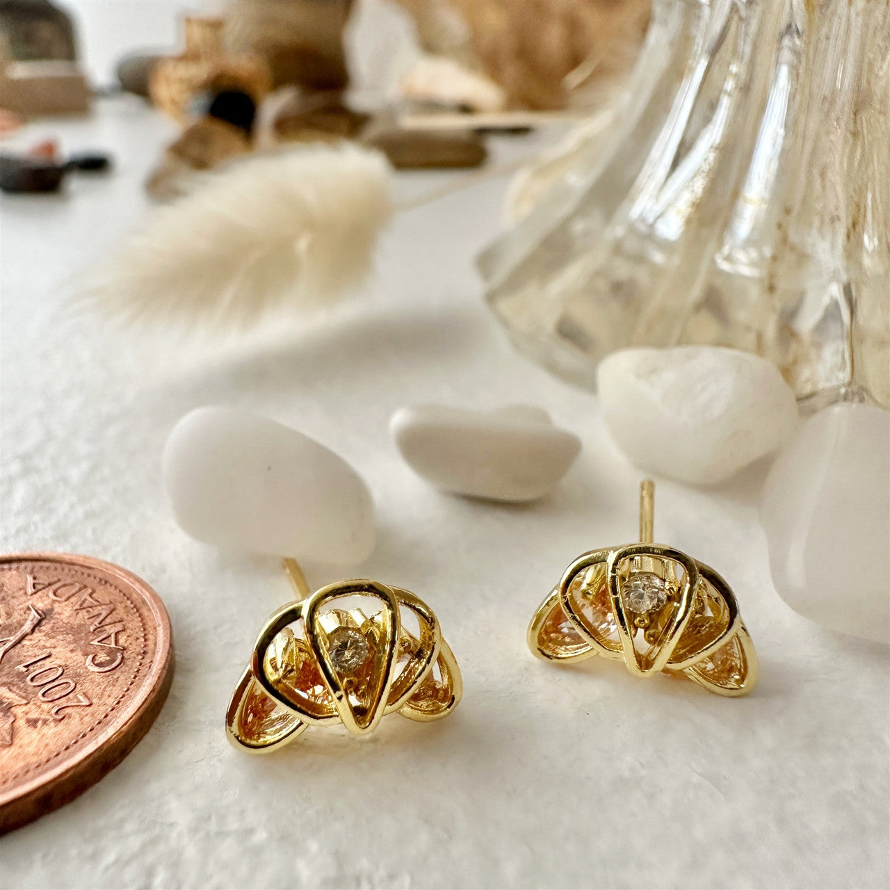 Quaso Croissant Rhinestone Stud Earrings with Sterling Silver Posts in Gold