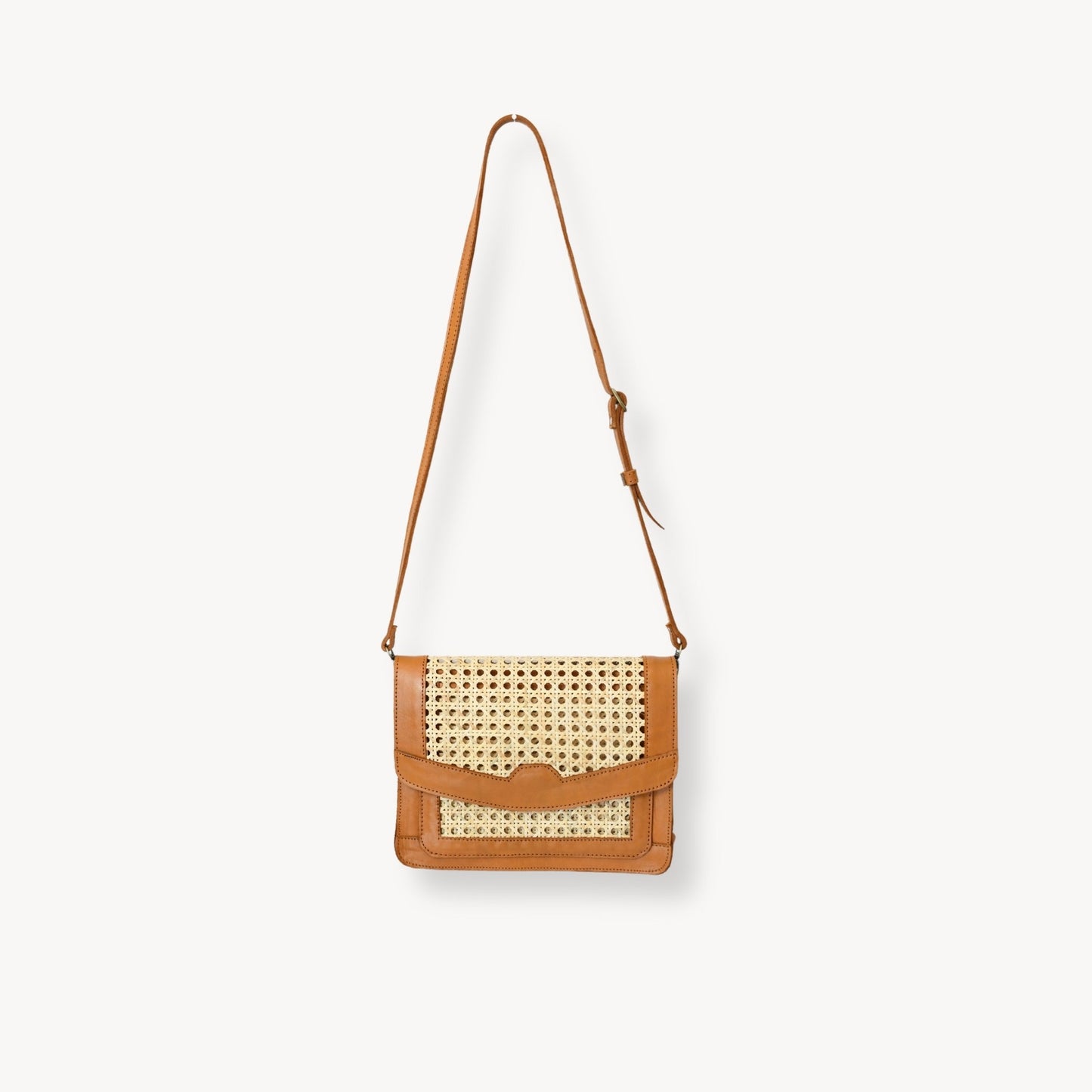 Rectangle Leather Bag with Cane Accent - Caramel