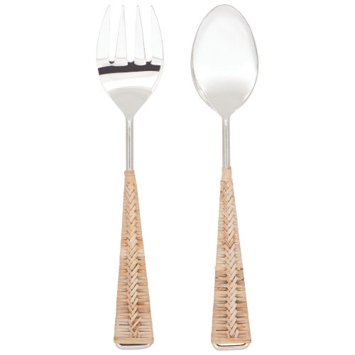 Salad Servers Rattan Handle Spoon and Fork - Glossy