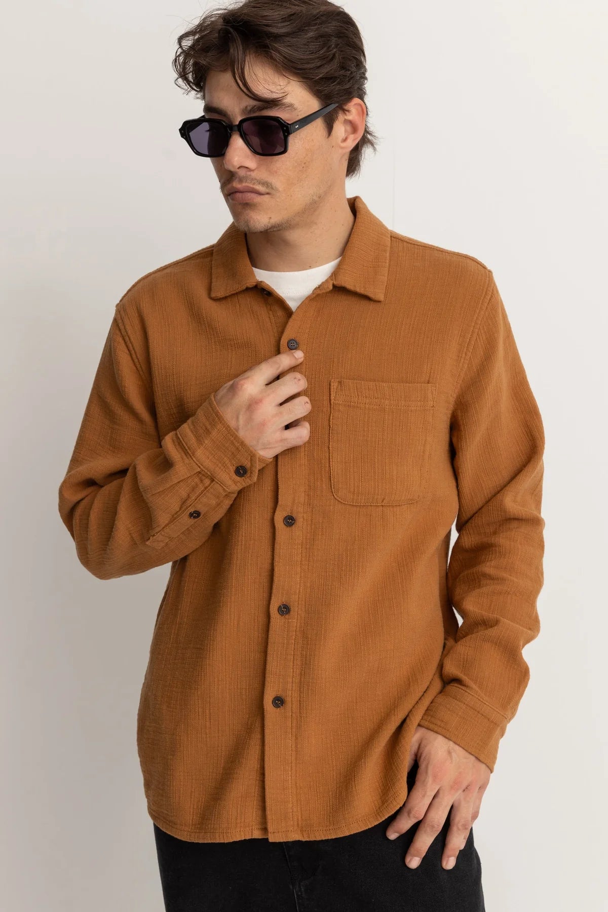 Textured Linen Long Sleeve Shirt - Tobacco