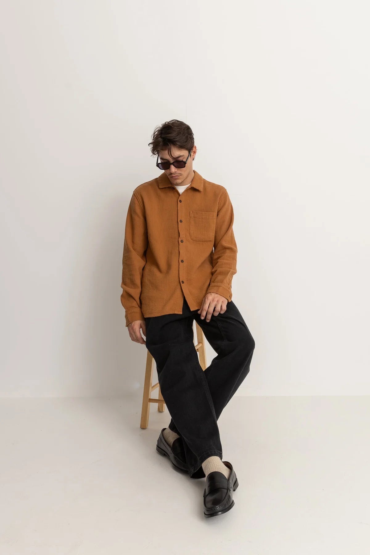 Textured Linen Long Sleeve Shirt - Tobacco